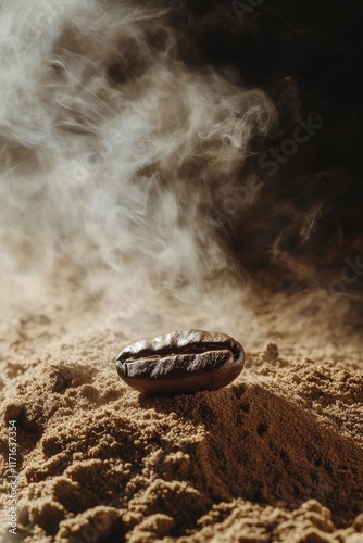 Close up of a coffee bean surrounded by ground coffee and steam in a warm set...