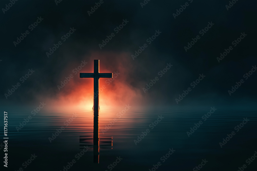 Fototapeta premium Kreuz in ruhigem Wasser vor sanftem, blauem Licht