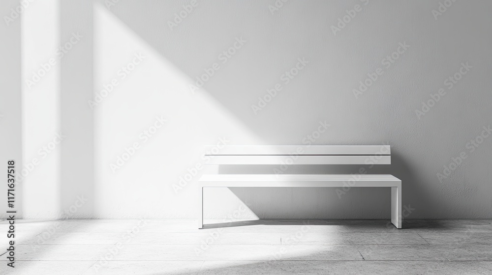 Fototapeta premium Empty white bench in a minimalist composition. against the background of the wall