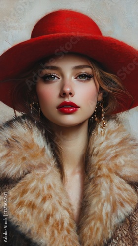 Elegant woman in a luxurious fur coat and red hat poses confidently indoors