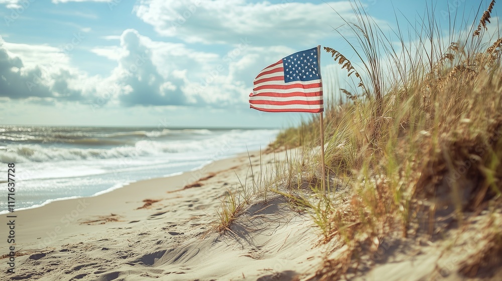 The USA flag embedded in sand dunes of a coastal beach, symbolizing heritage and resilience, ideal for editorial and thematic coastal projects. The USA flag embedded in sand dunes of a coastal beach, symbolizing heritage and resilience, ideal for editorial and thematic coastal projects.