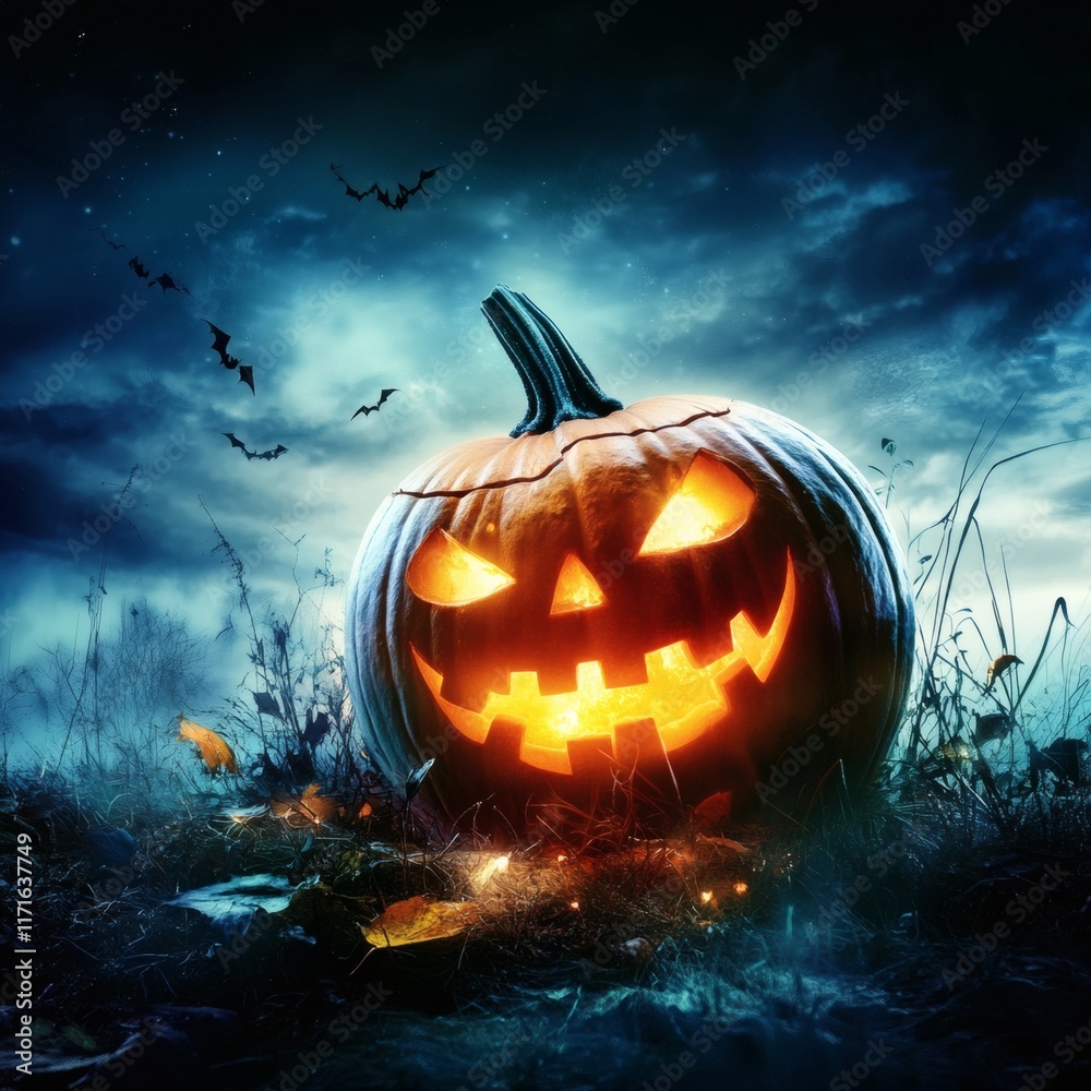 Fototapeta premium Spooky Halloween Pumpkin in Dark Autumn Night background