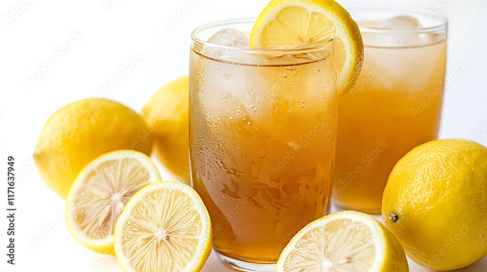 Isolated glass of iced tea with lemon slice on top isolated on solid white background. Isolated glass of iced tea with lemon slice on top isolated on solid white background.