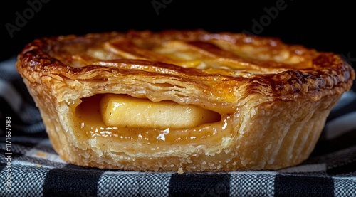 Delicious apple pie with golden crust and visible apple filling displayed on ...