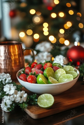 Fresh strawberries and limes on a wooden table with festive decor during the ...