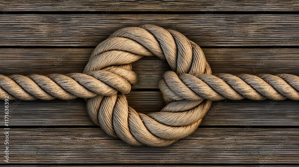 Obraz premium Rope knot tied on weathered wood background.