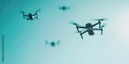 Many drones against the sky background. Urban innovation, technology, drone for infrastructure