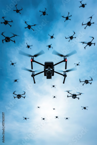 Many drones against the sky background. Urban innovation, technology, drone for infrastructure