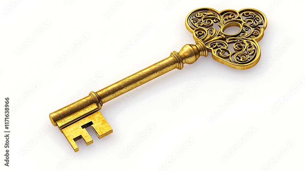 Isolated golden antique key with intricate engravings isolated on solid white background. Isolated golden antique key with intricate engravings isolated on solid white background.