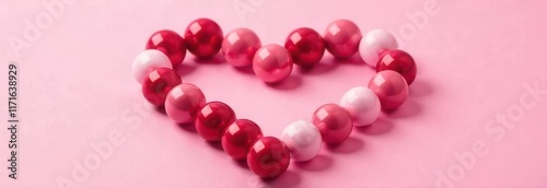 Pink, Red , Golden Glass and Red Metallic Spheres in a 3D heart shape on a pink background