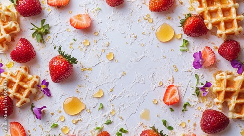 Delicious waffle topped with fresh strawberries and mint leaves on white back...