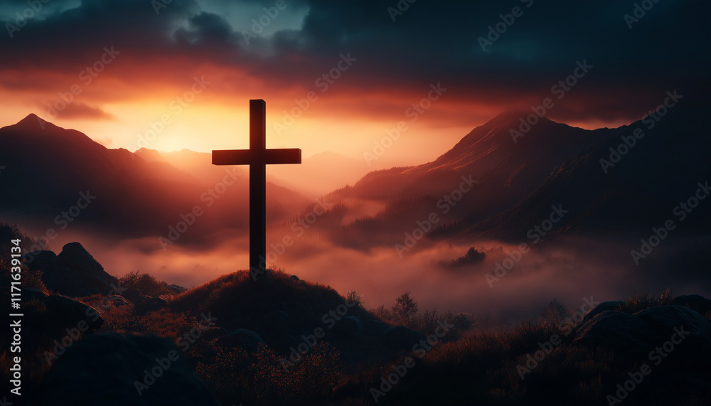 Kreuz im Nebel mit dramatischem Sonnenuntergang über den Bergen
Kreuz im Nebel mit dramatischem Sonnenuntergang über den Bergen