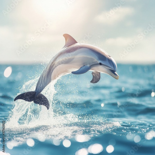 Dolphin leaps gracefully out of clear blue water under sunlight