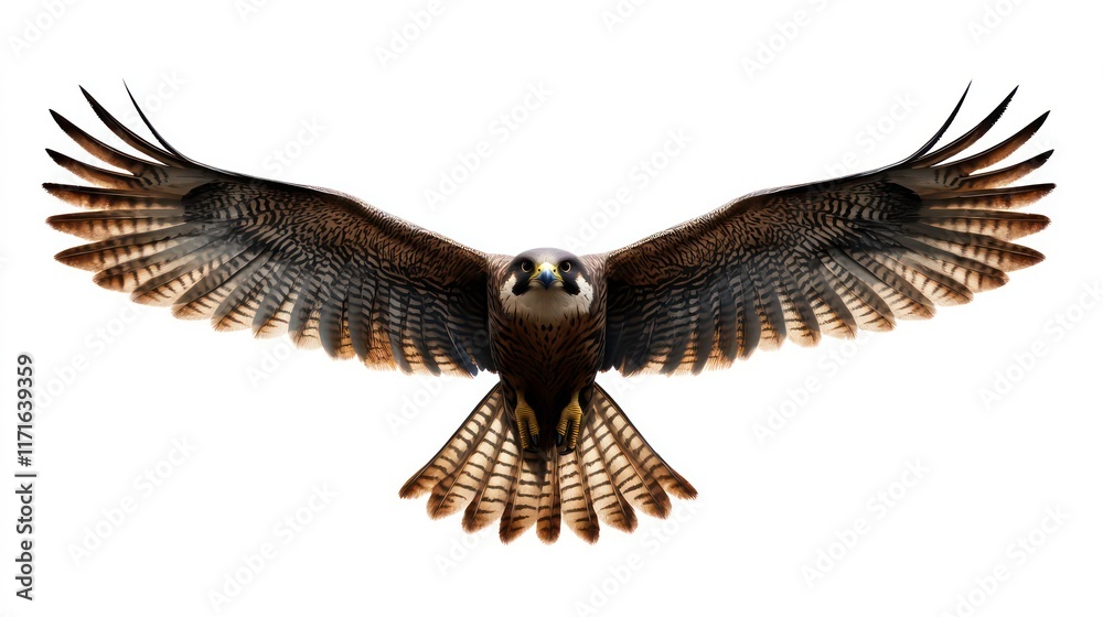 Obraz premium majestic peregrine falcon soaring high in the sky with its expansive wingspan on display isolated against a pure white background highlighting its grace and power as a magnificent bird of prey