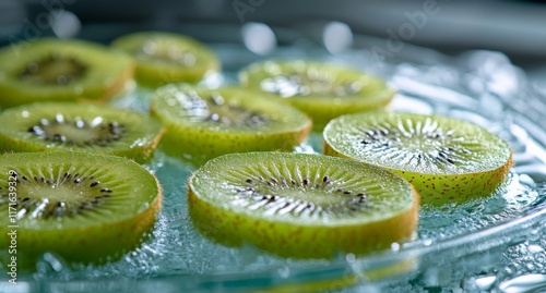 Fresh kiwi slices arranged neatly on a glass plate showcasing vibrant green c...
