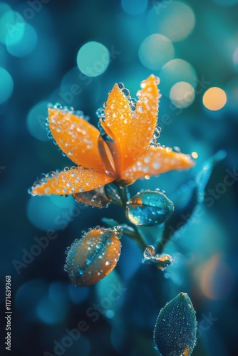 Vibrant orange flower with water droplets glistening in a soft blue background