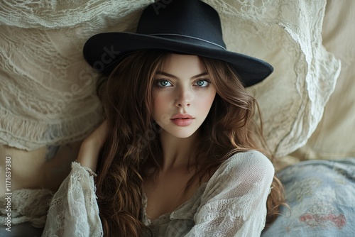 Woman with flowing hair and wide-brimmed hat poses on soft textiles in natura...
