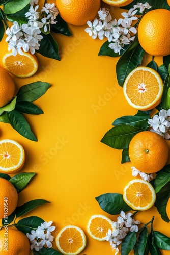 Bright orange slices with fresh flowers on vibrant yellow background create a...