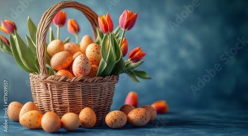 Colorful Easter basket filled with decorated eggs and vibrant tulips on a blu...