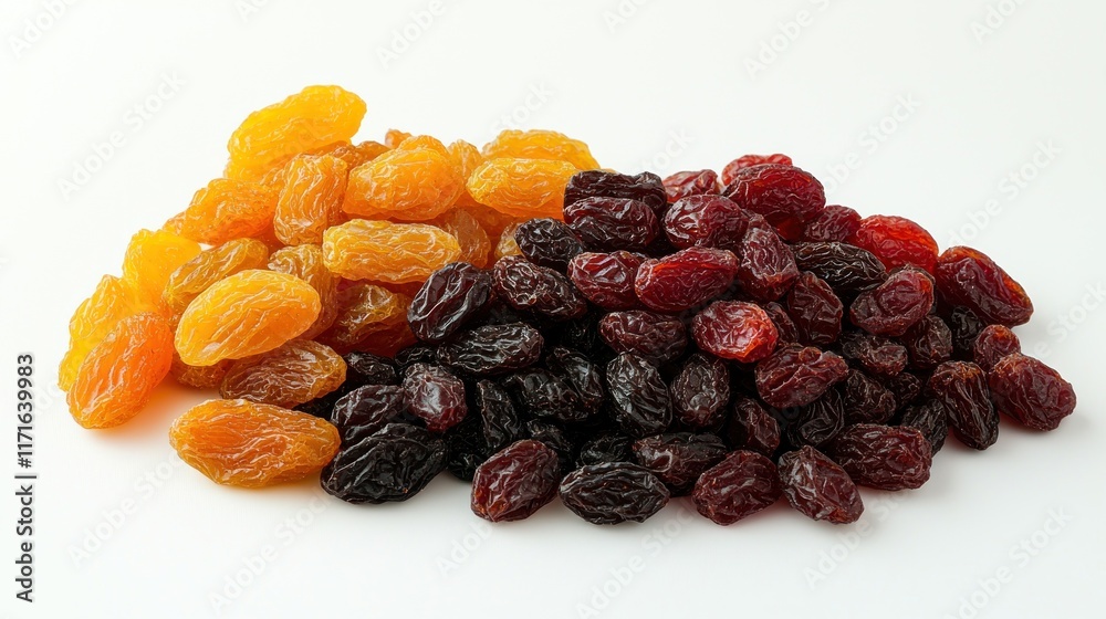 A pile of golden and dark raisins on a white background. A pile of golden and dark raisins on a white background.