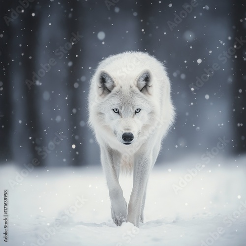 Majestic white wolf walking through a snowy forest during winter