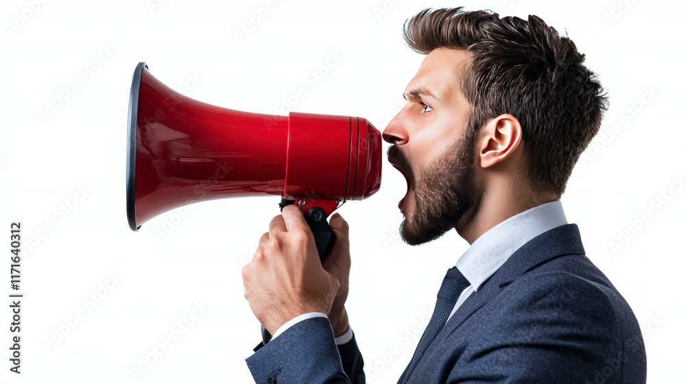 A determined professional in a suit yelling into a red megaphone, conveying a sense of urgency and leadership in a commanding yet stylish manner. A determined professional in a suit yelling into a red megaphone, conveying a sense of urgency and leadership in a commanding yet stylish manner.