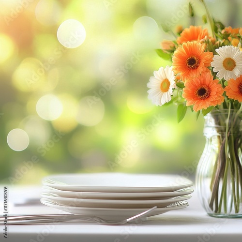 Fresh flowers and elegant table setting for a spring gathering in a bright ga...