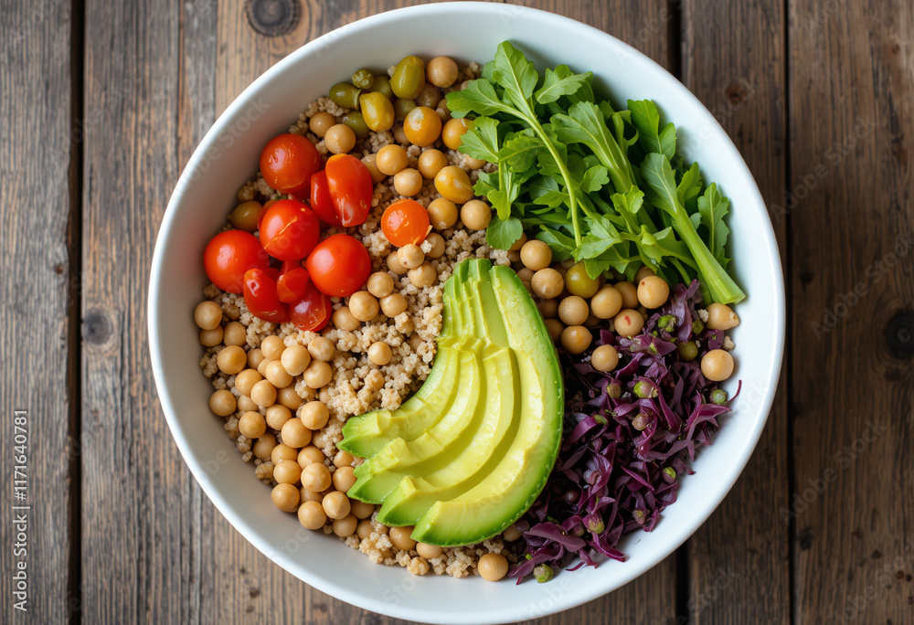 A top-down view of a colorful Buddha bowl filled with quinoa, avocado, chickpeas, cherry tomatoes, and fresh greens, placed on a rustic wooden table, Health and Wellness concept A top-down view of a colorful Buddha bowl filled with quinoa, avocado, chickpeas, cherry tomatoes, and fresh greens, placed on a rustic wooden table, Health and Wellness concept