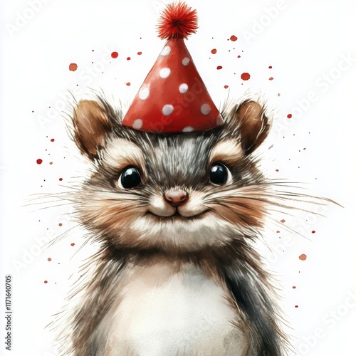 Cute furry animal celebrating with a party hat in a cheerful setting with col...