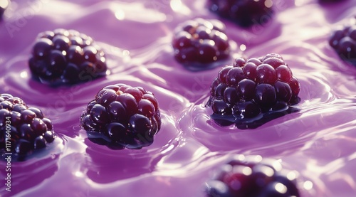 Delicious blackberries floating in purple jelly dessert on a vibrant background