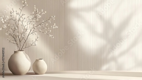 White blossoms in ceramic vases against a textured wall