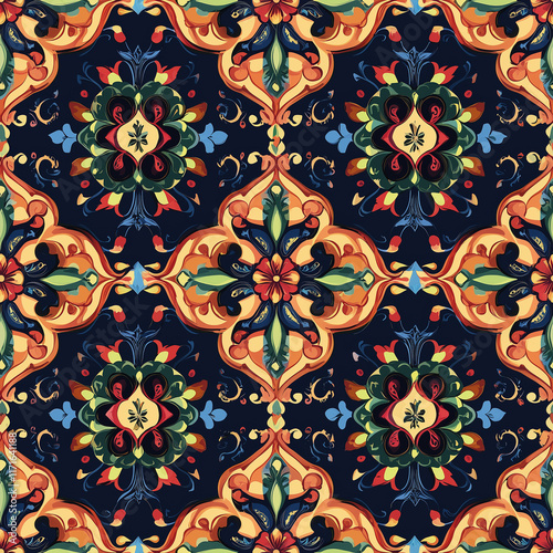 Vibrant floral pattern with intricate details and rich colors on a dark background, ideal for textile or wallpaper design. photo