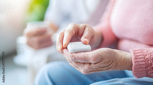 longevity lifestyle vitality concept. Senior holding a medication container with focused attention in a bright, comfortable setting.