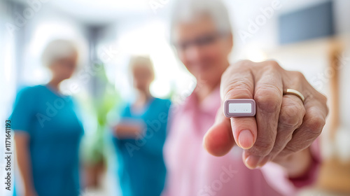 longevity lifestyle vitality concept. An elderly woman shows a device while two others stand behind her, smiling in a bright indoor setting.