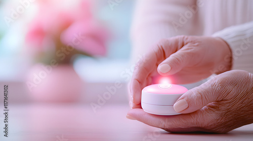 longevity lifestyle vitality concept. A person activates a small device with a red light in a softly lit setting.