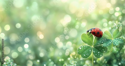 Colorful ladybug resting on a dew-covered clover leaf in a serene natural set...