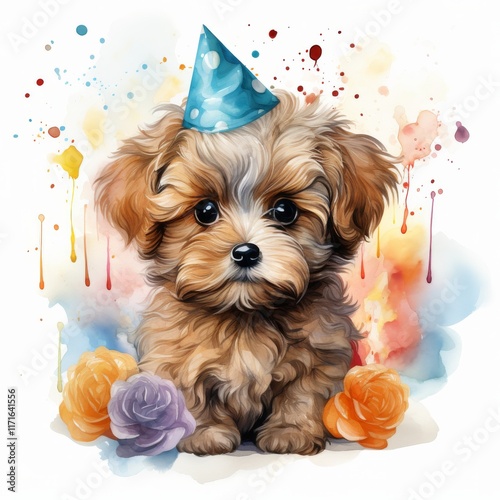 Cute black and brown dog wearing a party hat on a colorful background