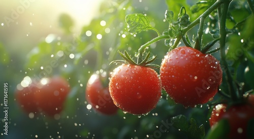 Fresh red tomatoes glistening with water droplets in a sunlit garden during m...