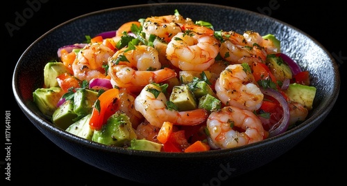 Colorful shrimp salad with fresh vegetables garnished with herbs in a dark bowl