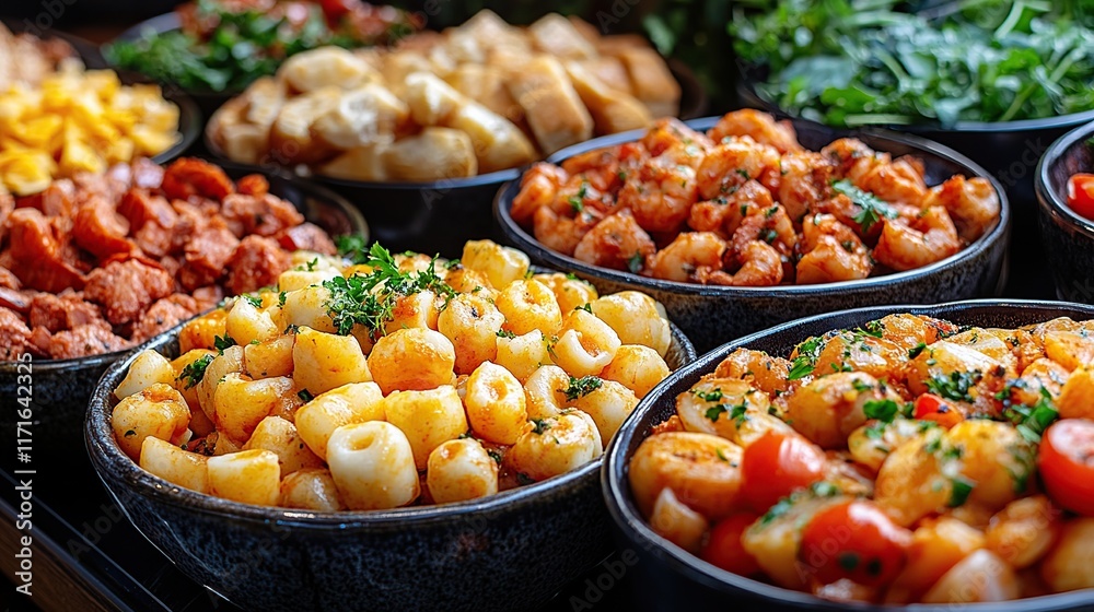 Close-up of various delicious food items in bowls, including pasta, shrimp, and chorizo, displayed for a buffet or catering event. Close-up of various delicious food items in bowls, including pasta, shrimp, and chorizo, displayed for a buffet or catering event.