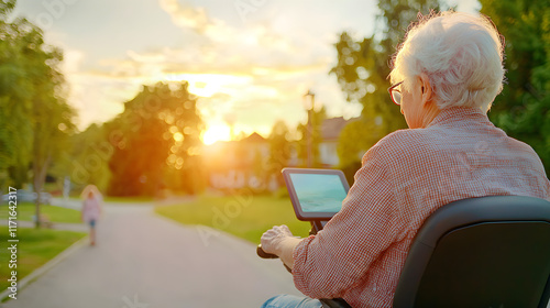longevity lifestyle vitality concept. An elderly woman enjoys a sunset while riding a mobility scooter in a serene park setting.