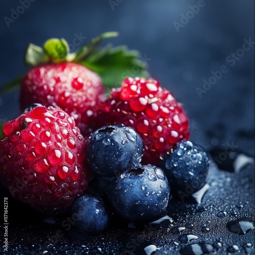 Fresh berries with dew drops on a dark surface create a vibrant still life di...