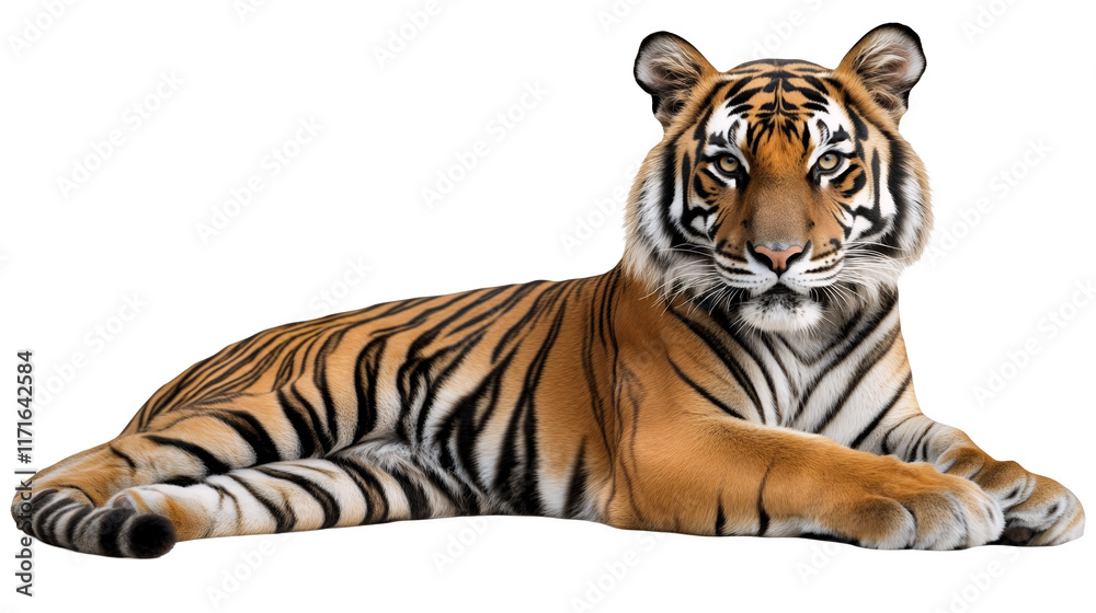 Obraz premium A regal Bengal tiger with striking orange and black stripes isolated on a transparent background, PNG