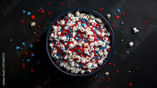 Colorful popcorn bowl with patriotic red, white, and blue sprinkles, perfect for festive occasions, holiday celebrations, and editorial photography showcasing American-themed snacks.