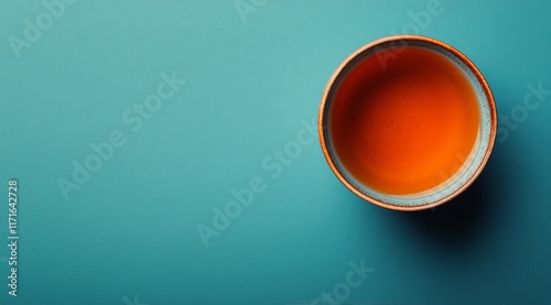 Brewing a rich cup of black tea with loose leaf on a vibrant blue background