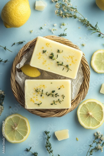 Delicious lemon and herb soap bars arranged on a natural woven tray with fres...