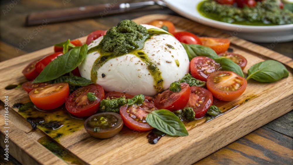 Burrata Cheese Salad with Tomatoes and Pesto, Italian Cuisine Burrata Cheese Salad with Tomatoes and Pesto, Italian Cuisine