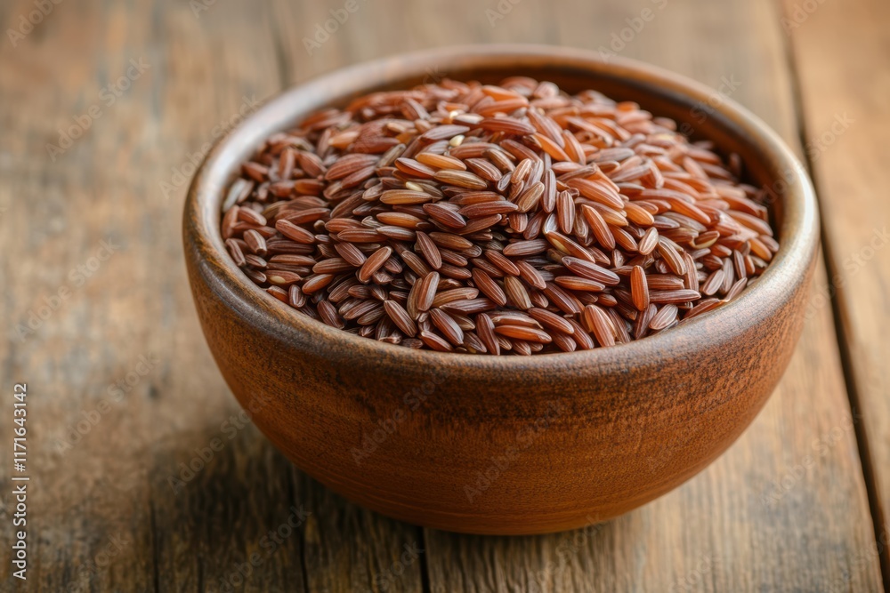 Wooden bowl with red rice on a wooden background Wooden bowl with red rice on a wooden background