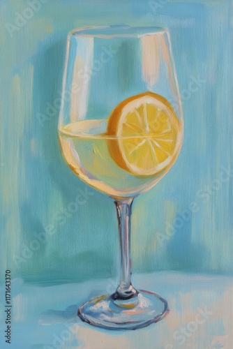Fresh lemon slices and a glass of white drink against a light blue background