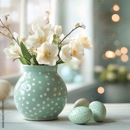 Decorative flower vase with white blooms and pastel eggs on a light background